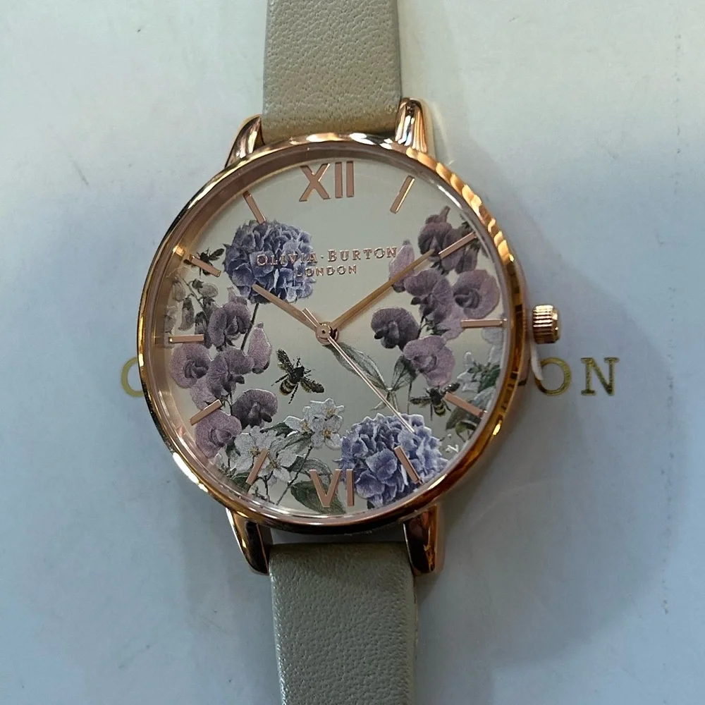 OLIVIA BURTON ENCHANTED GARDEN WATCH WITH 38mm SILVER FLORAL FACE & GREY BAND